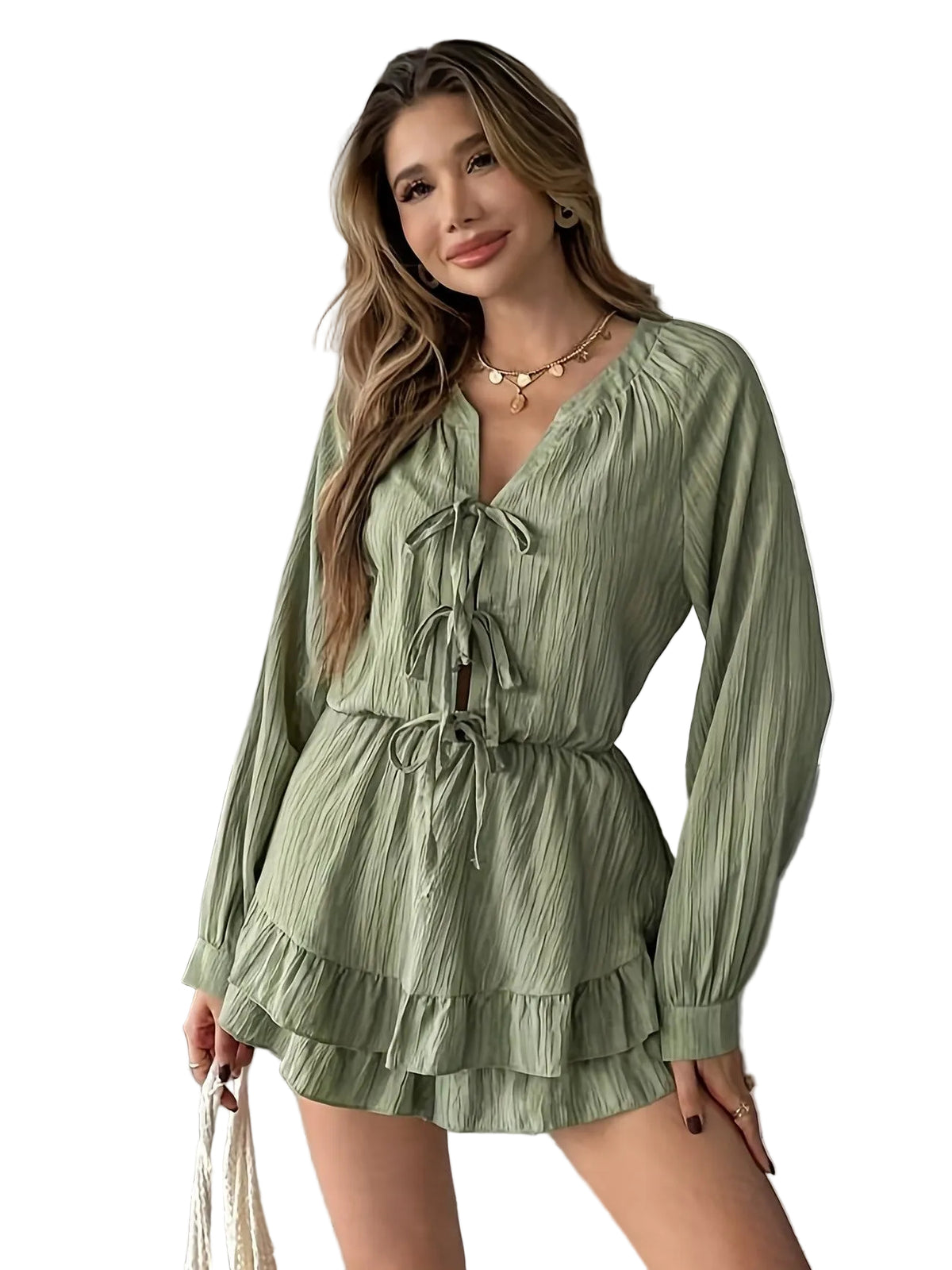 Robe Mini Col V à Manches Longues pour Femme
